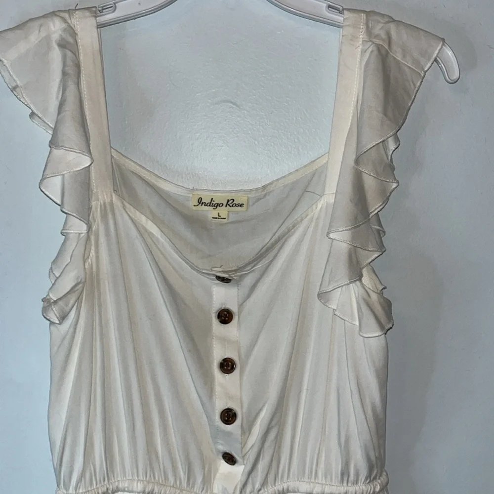 Indigo Rose Size Large Ruffle Sleeveless Button Front Off White High Low Dress - Picture 4 of 10